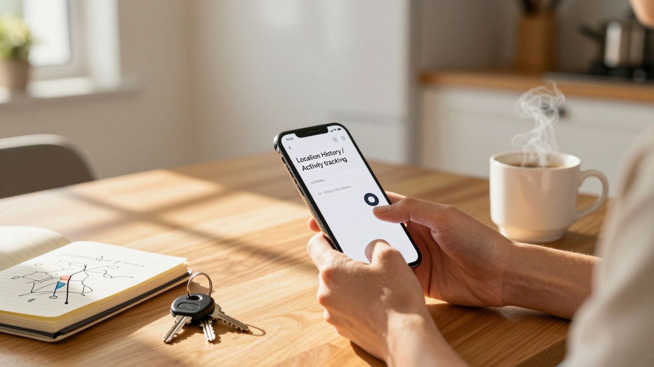 Pessoa usa smartphone em mesa de madeira com chávena de café e chaves ao lado. Ecrã exibe rastreamento de atividade.