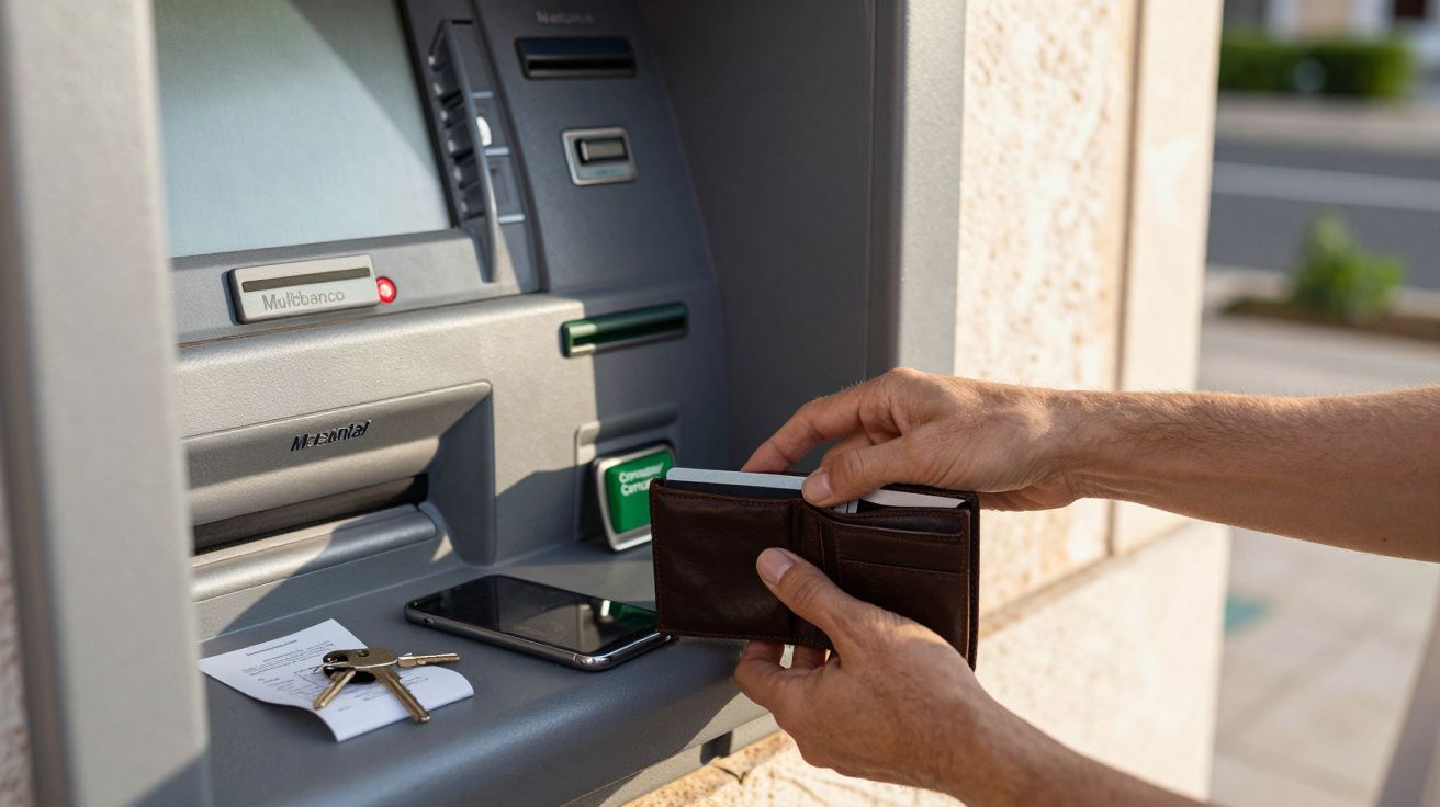 Pessoa a usar caixa multibanco, segurando carteira. Chaves e telemóvel pousados na máquina.