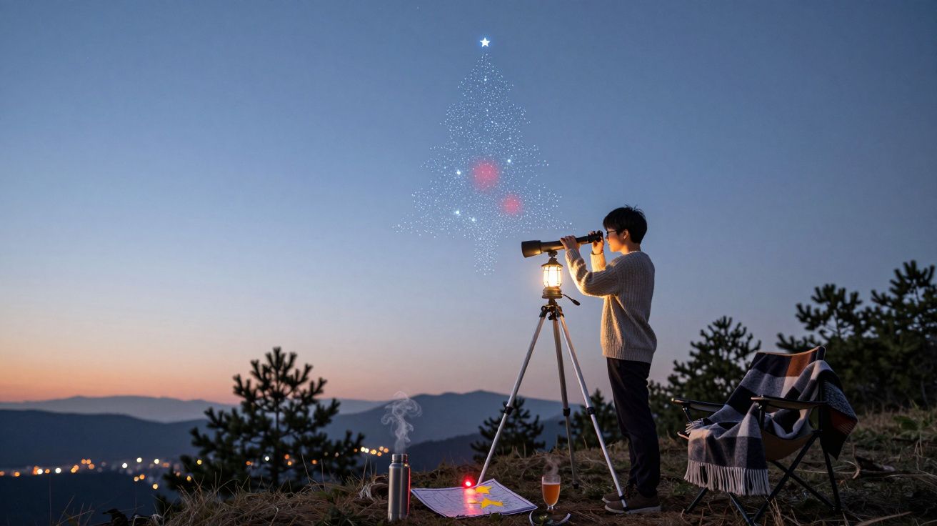 Homem observa céu noturno com binóculos; constelação em forma de árvore de Natal visível.