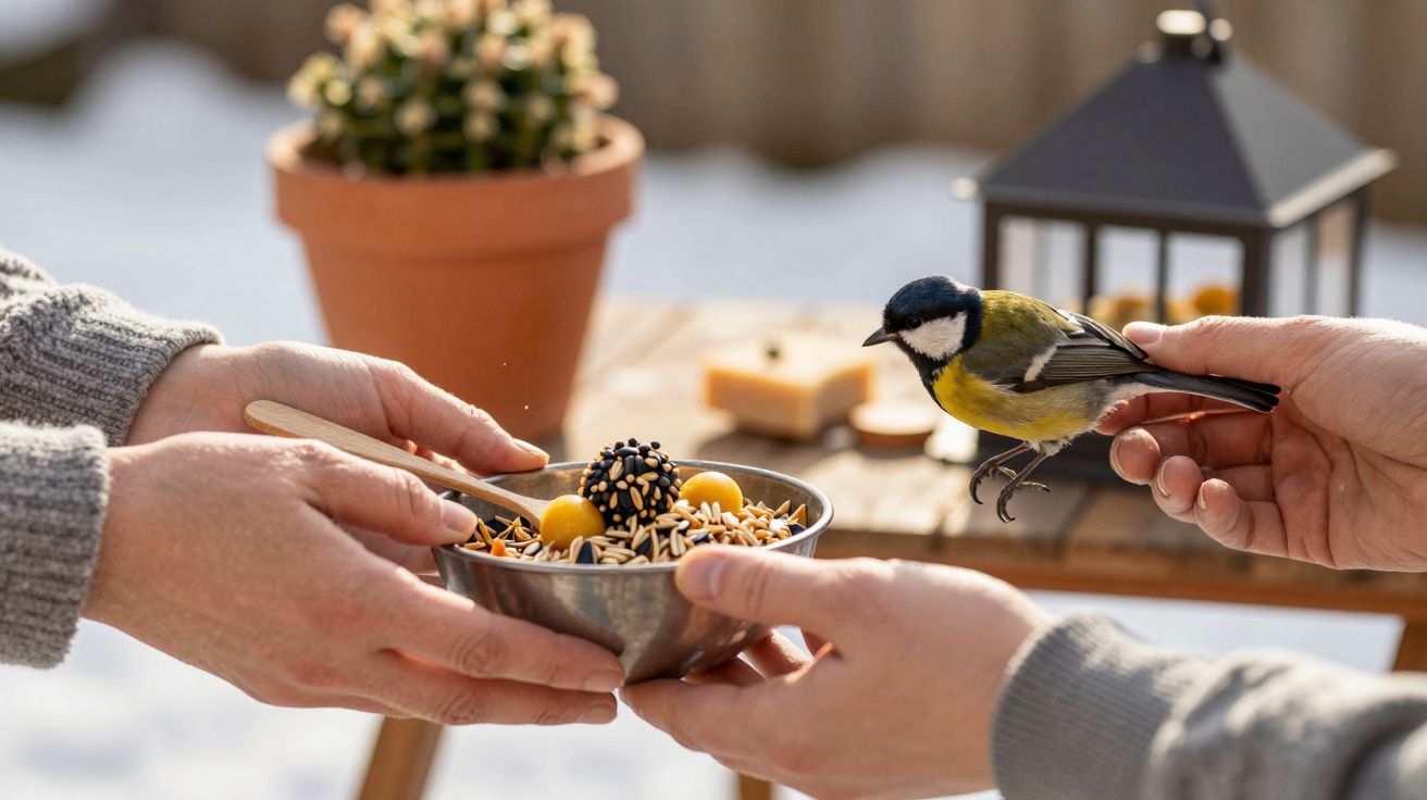 Mãos seguram tigela com sementes enquanto pássaro colorido pousa. Ao fundo, mesa de madeira e planta em vaso.