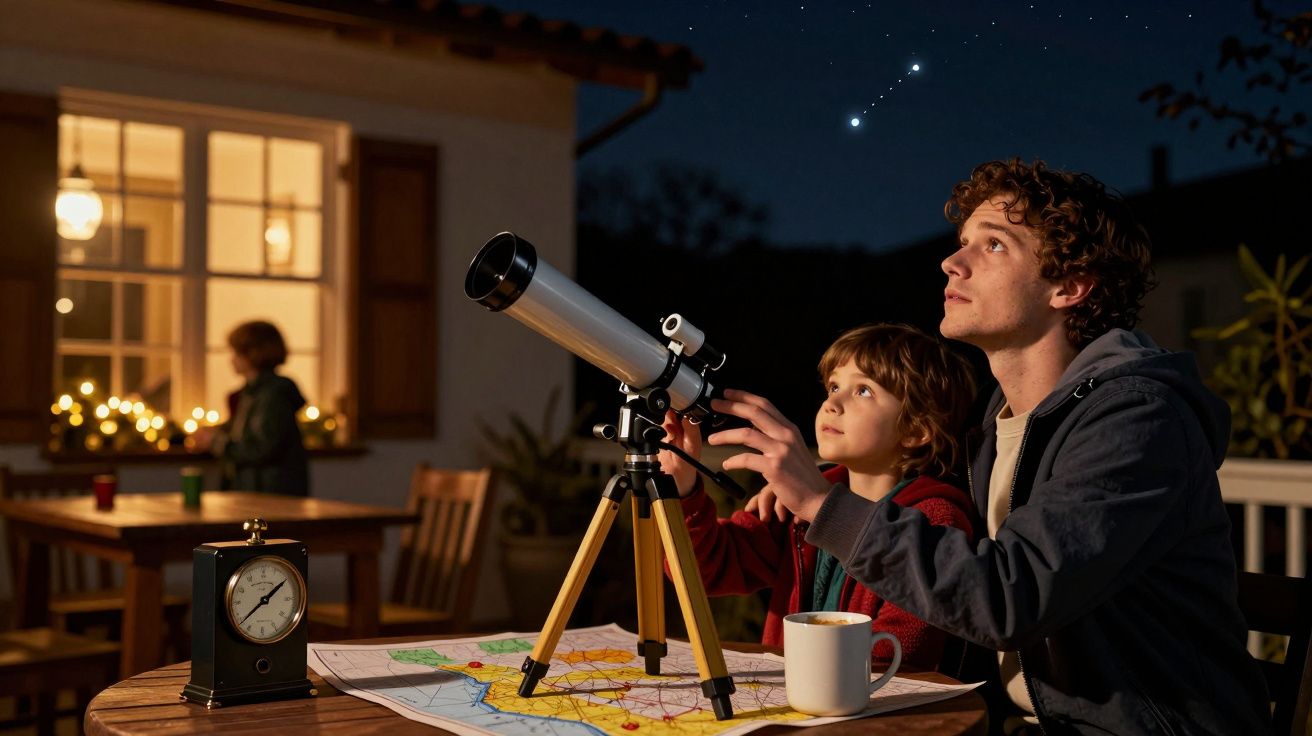 Pai e filho observam estrelas com telescópio em pátio à noite. Mesa com mapa, relógio e chávena à frente.