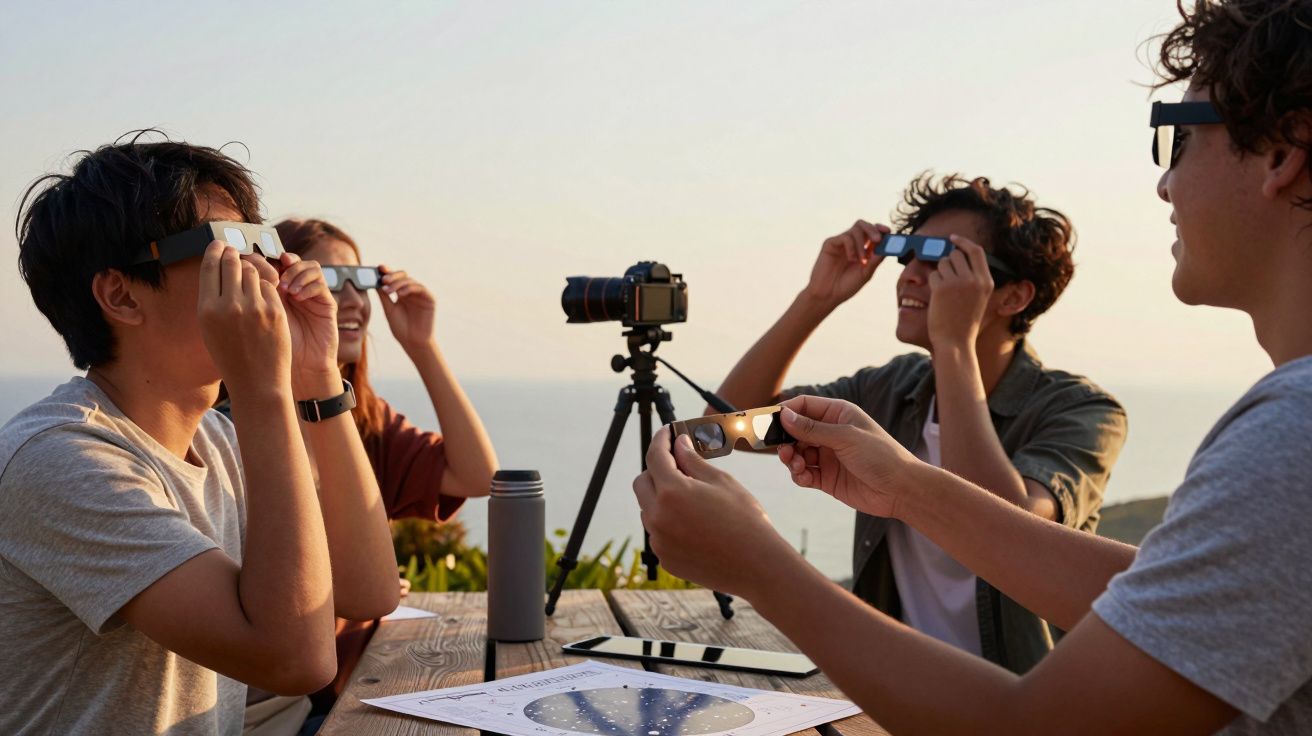 Grupo de jovens observa o céu com óculos especiais, perto de uma câmara em tripé, junto ao mar ao pôr do sol.