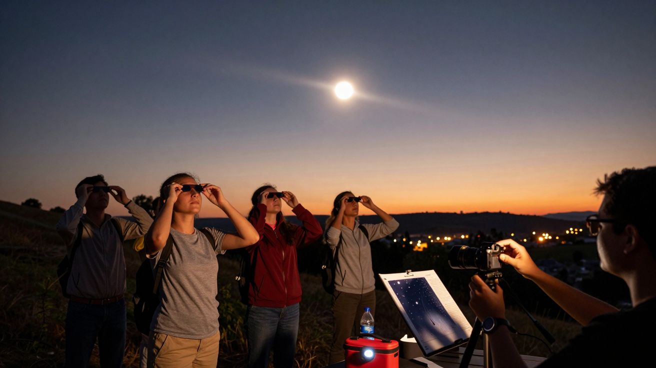 Grupo a observar o céu noturno com binóculos, ao entardecer, com a lua cheia ao fundo e uma câmara ao lado.