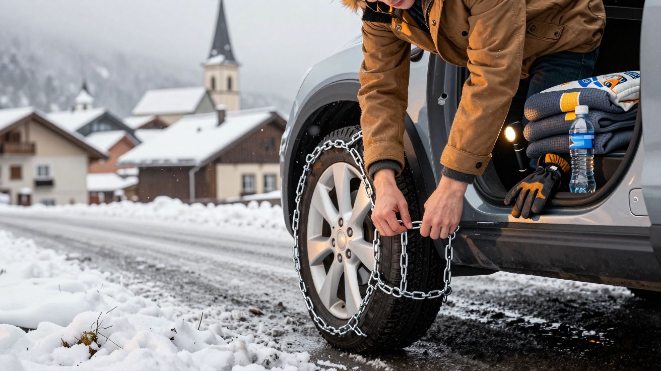Pessoa a colocar correntes de neve na roda de um carro, numa estrada nevada, com uma aldeia ao fundo.