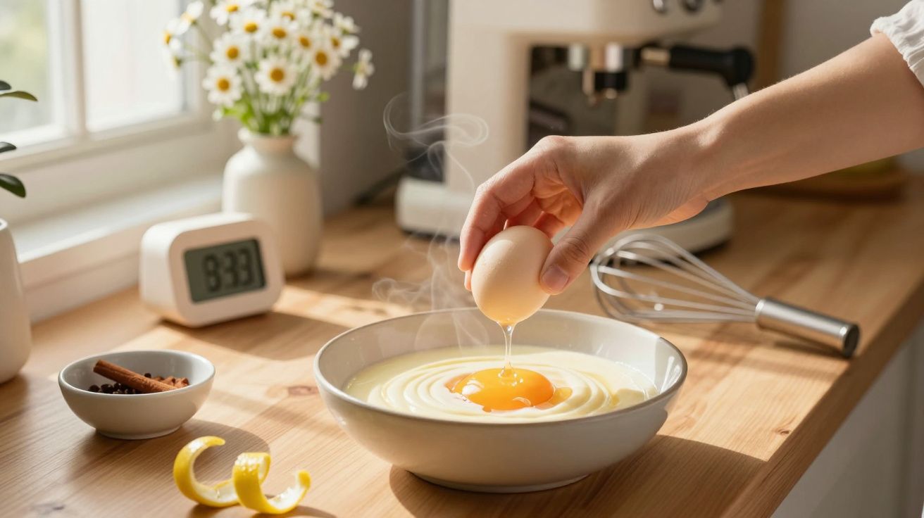 Mão a partir ovo sobre tigela com creme na bancada, com relógio, flores e batedor ao fundo.