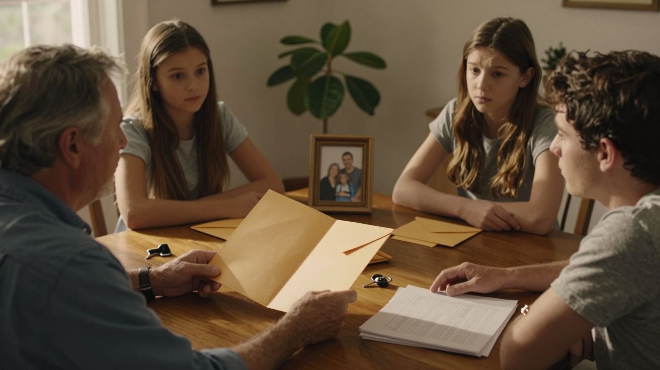 Quatro pessoas sentadas à mesa com envelopes e uma fotografia familiar ao centro.