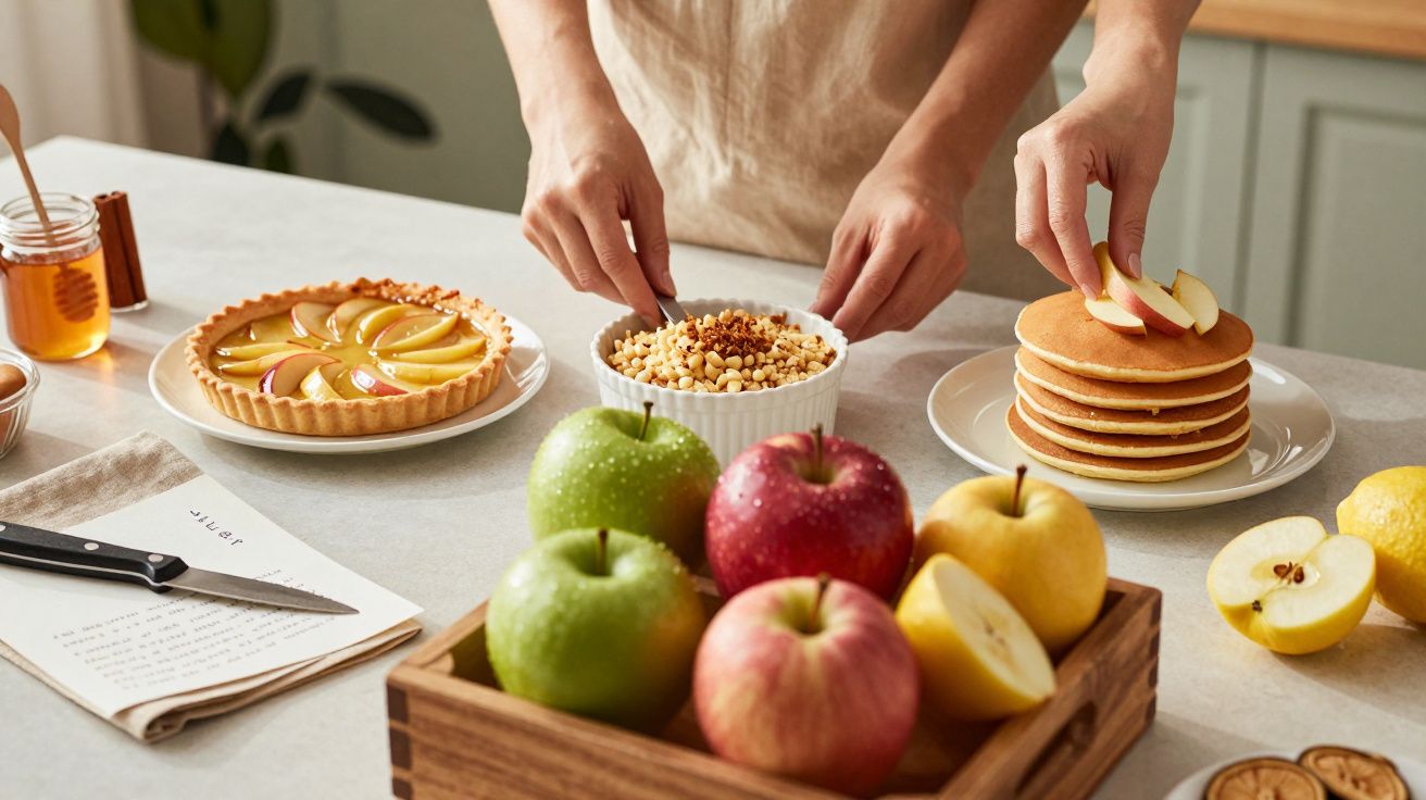 Mãos preparando sobremesas com tarte de maçã, tigela de frutos secos e panquecas, maçãs coloridas numa caixa ao lado.