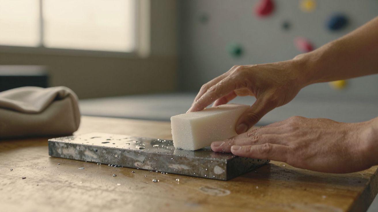 Mãos limpando uma mesa de madeira com uma esponja molhada, ao lado de um saco de pano cinza claro.