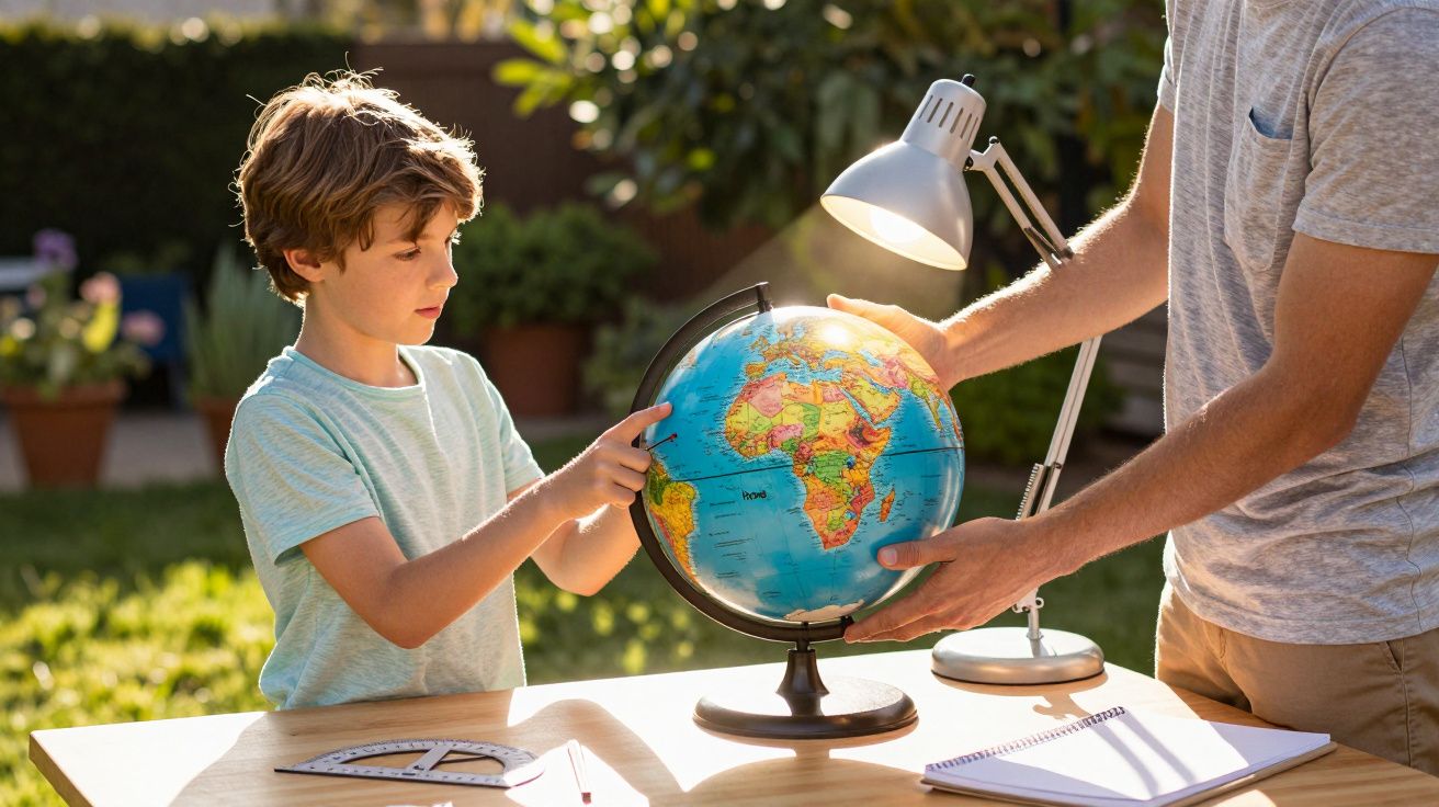Criança aprendendo geografia com globo terrestre em mesa ao ar livre, com adulto a segurar e lâmpada acesa.