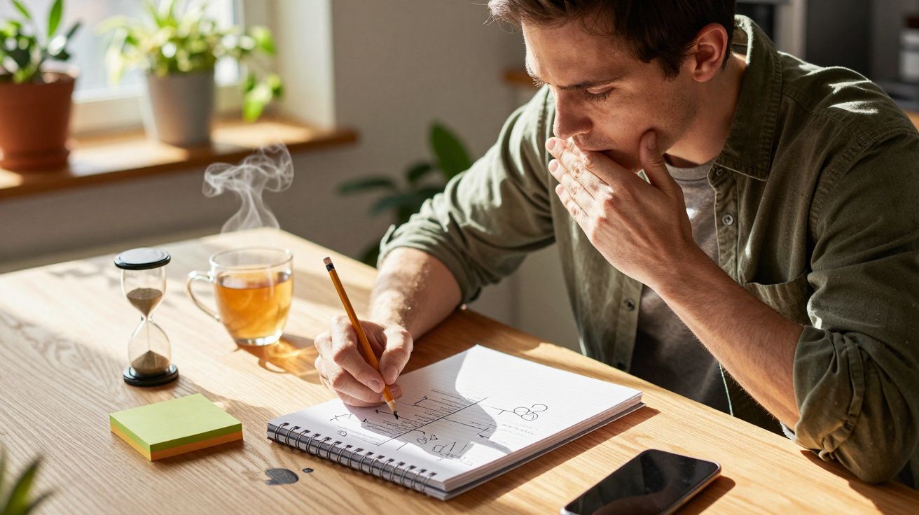 Homem desenhando em caderno, rodeado por ampulheta, chá e smartphone sobre a mesa iluminada pelo sol.