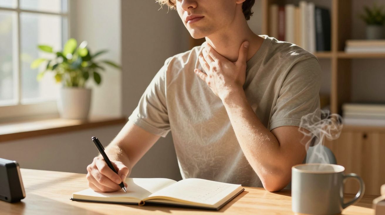 Pessoa a escrever num caderno sentado à mesa, segurando o pescoço. Chávena de café fumegante à frente.
