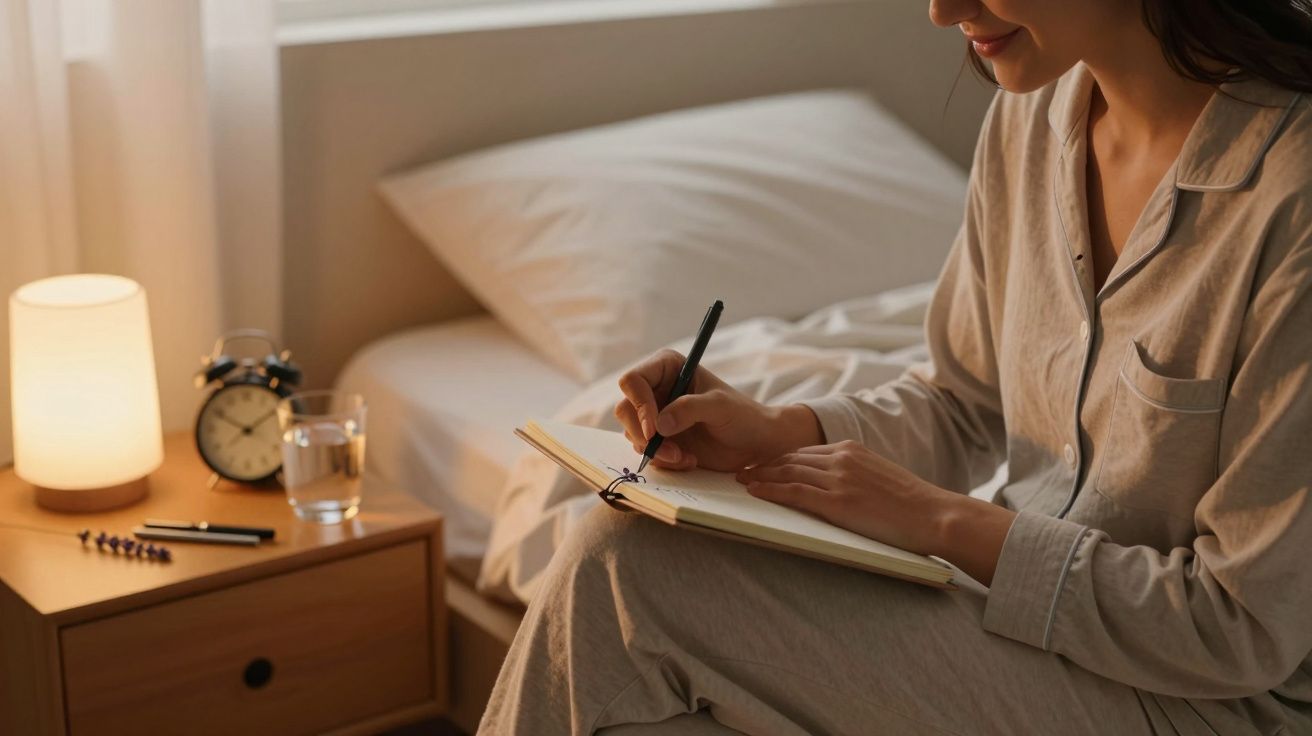 Mulher de pijama escrevendo num caderno na cama, com um candeeiro e um despertador na mesa de cabeceira.