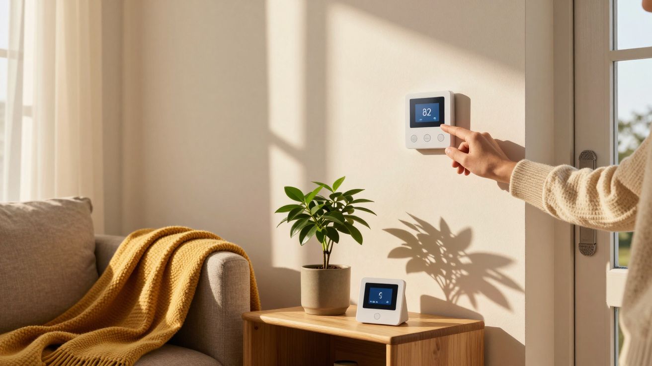 Pessoa ajusta termóstato digital na parede ao lado de sofá com manta e planta em mesa.
