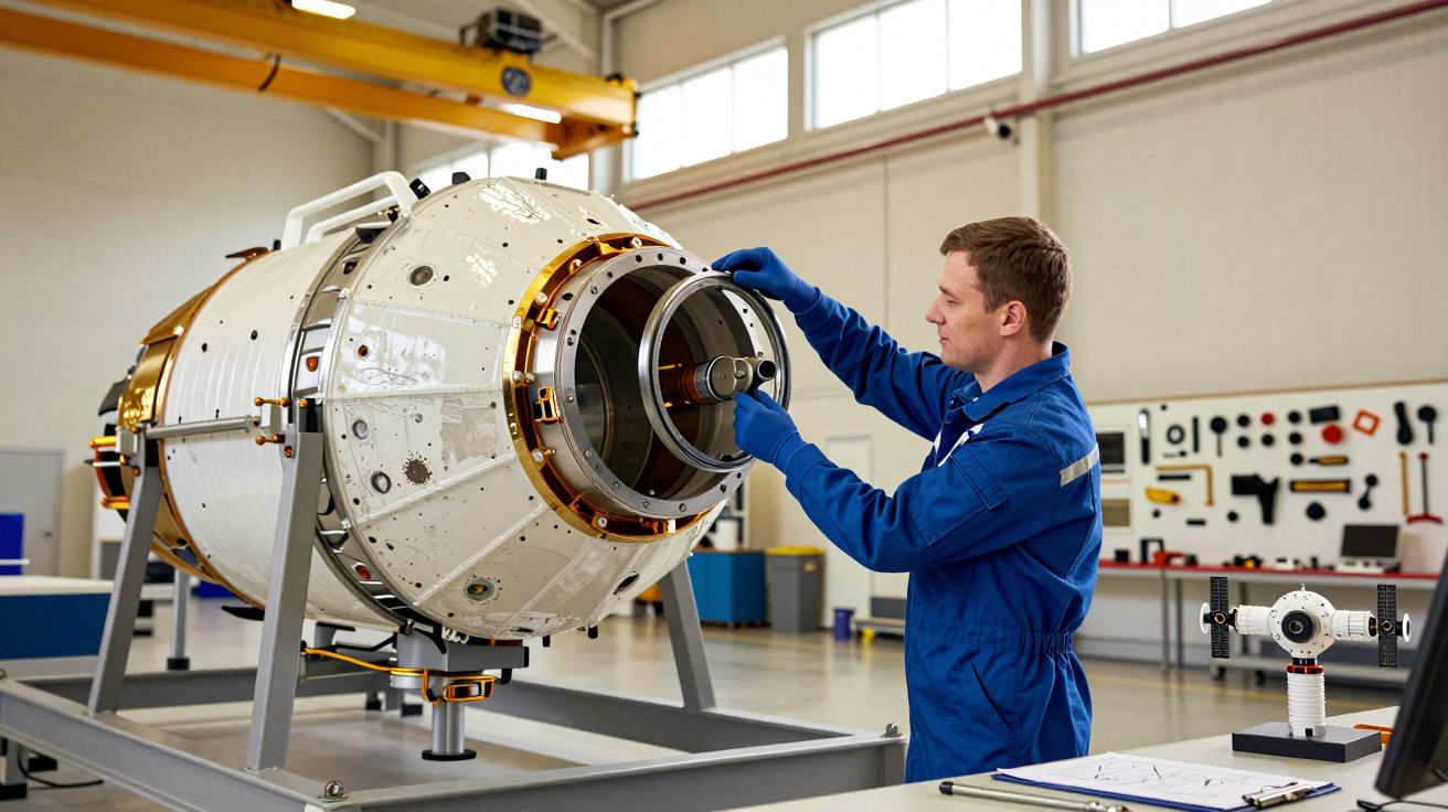 Técnico em fato azul a trabalhar numa estrutura metálica cilíndrica num ambiente industrial.