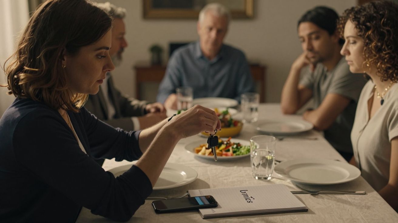 Mulher segura chaves à mesa de jantar com quatro pessoas, livros e pratos à sua frente.