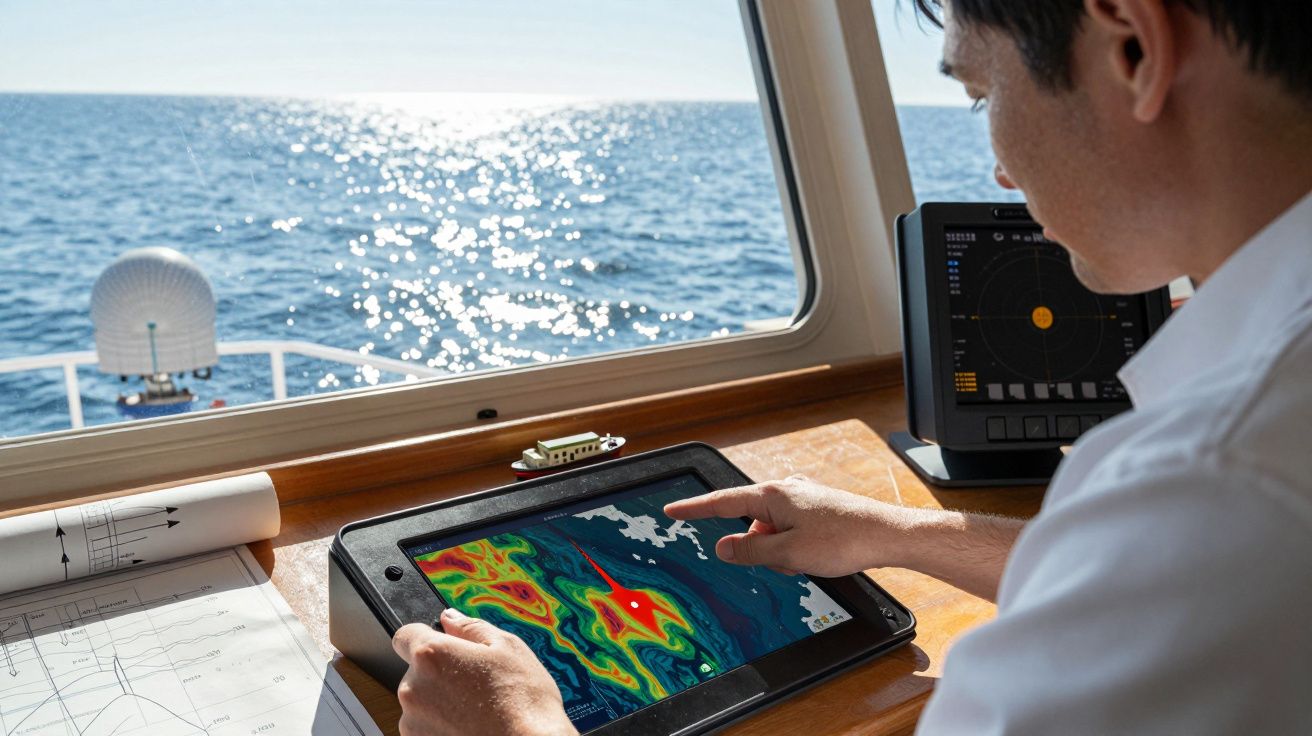 Homem analisa mapa meteorológico num tablet a bordo de um barco, com vista para o mar e sol brilhante pela janela.