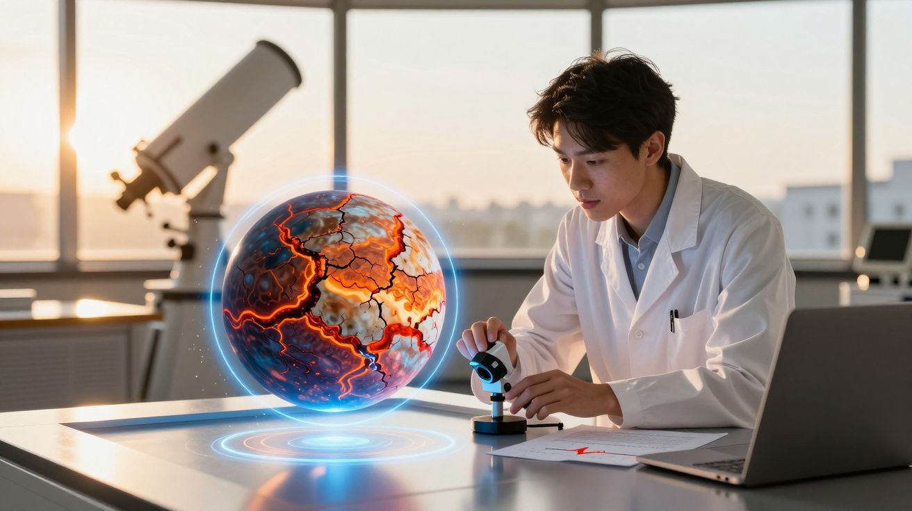 Cientista em laboratório observa holograma de planeta em chamas, com microscópio e telescópio ao fundo.