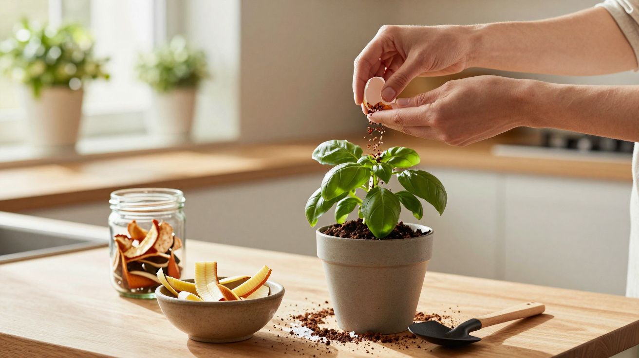 Pessoa adiciona fertilizante a uma planta em vaso numa cozinha, com cascas de fruta em frascos ao lado.