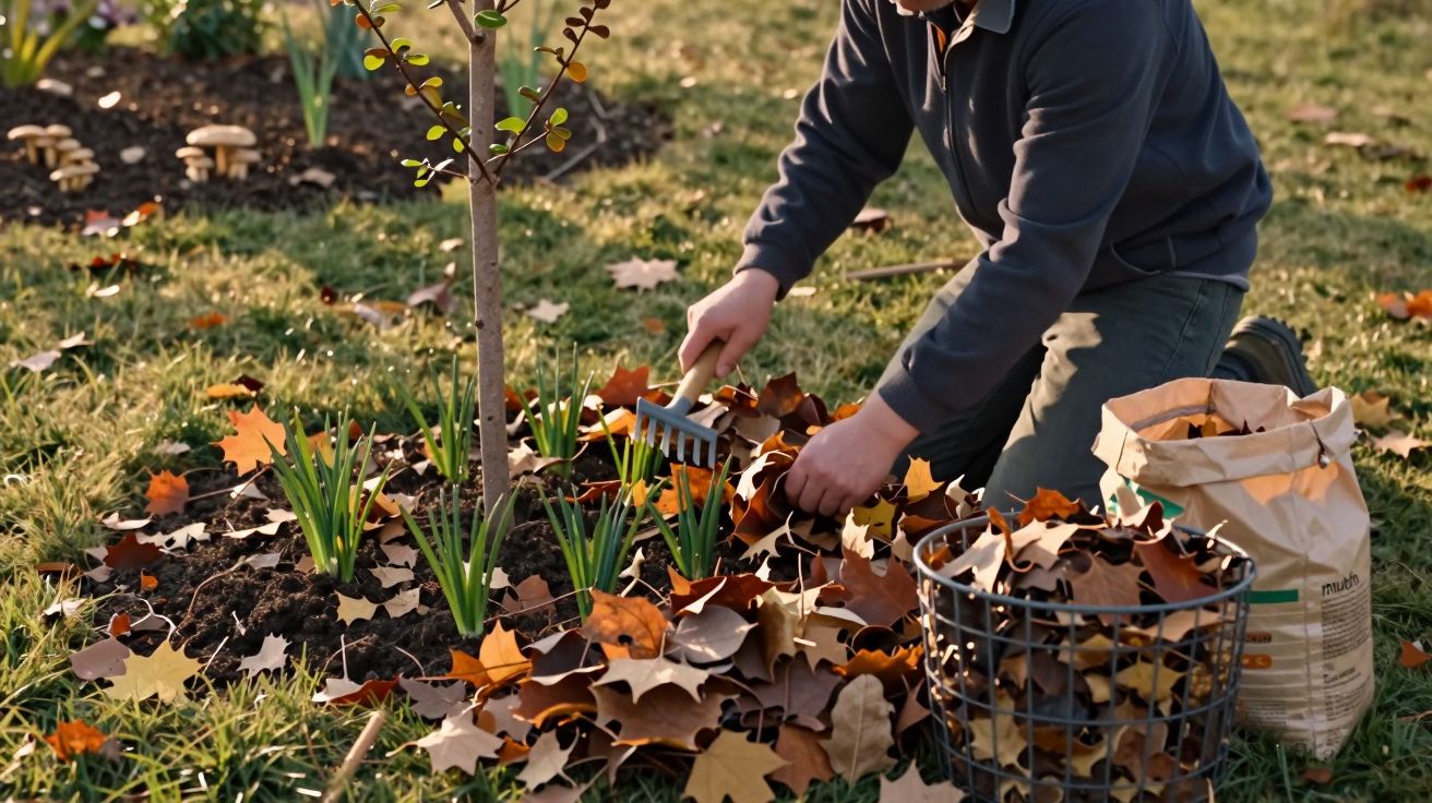 Pessoa a recolher folhas caídas ao pé de uma árvore num jardim, com um ancinho e um cesto de metal.