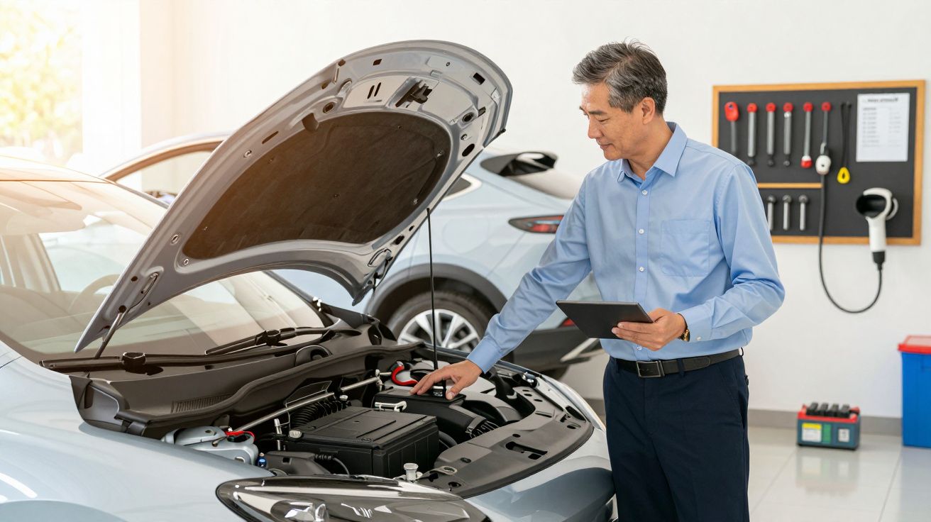 Homem analisa o motor de um carro elétrico com um tablet numa oficina moderna.