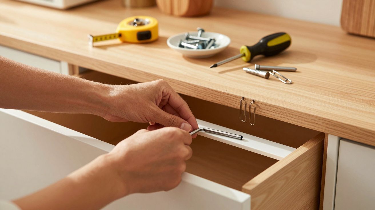 Pessoa a apertar um parafuso numa gaveta com chave Allen. Mesa com fita métrica, parafusos e uma chave de fendas.