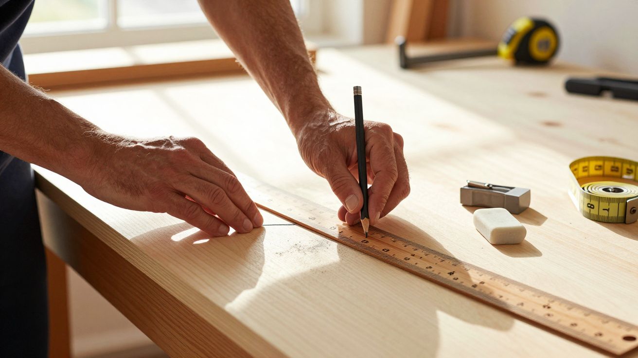 Mãos medindo e marcando madeira com régua e lápis; fita métrica e borracha ao lado.