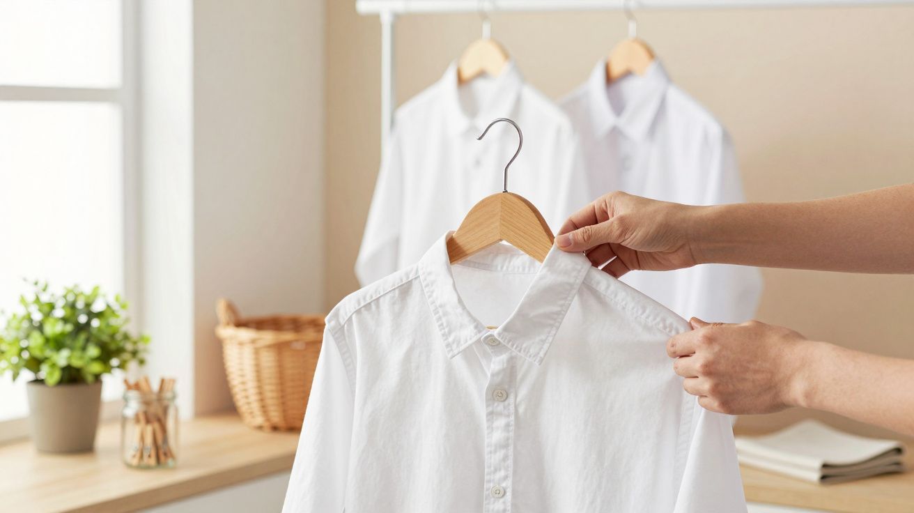 Pessoa segura camisa branca em cabide, com mais camisas ao fundo, num quarto iluminado.