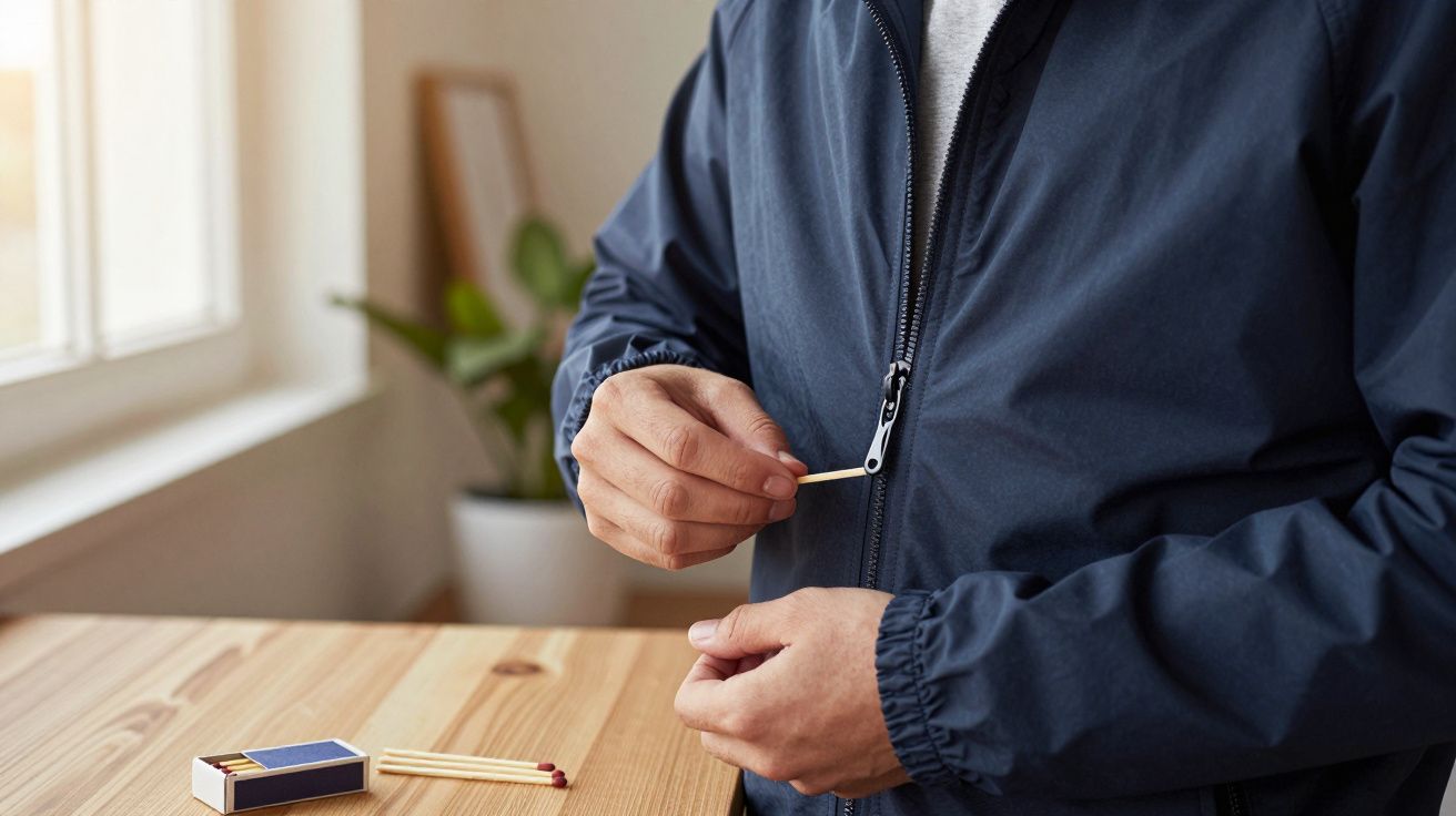 Homem em casaco azul acende um fósforo perto de uma janela, com uma caixa de fósforos sobre a mesa de madeira.