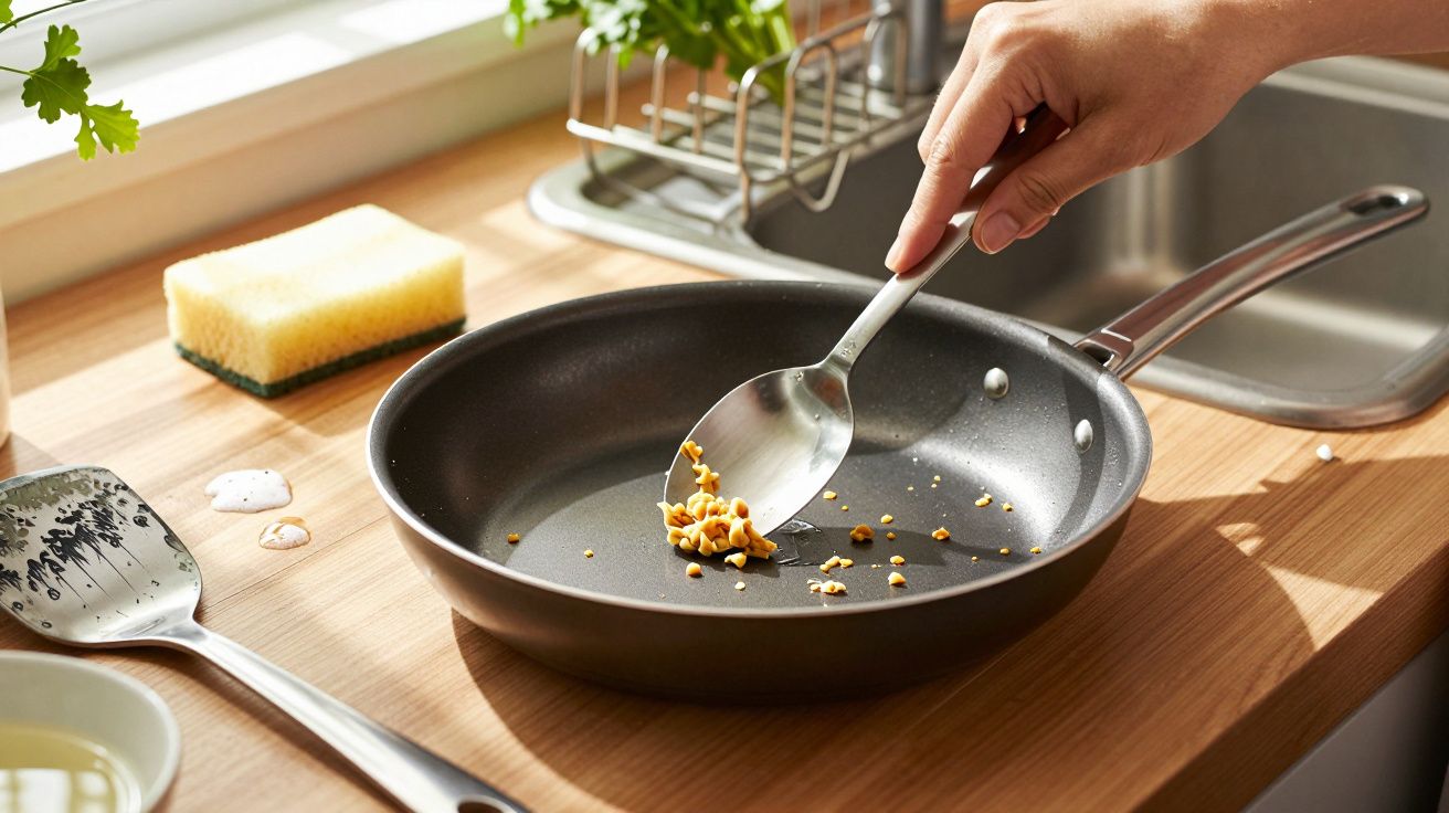 Mão com colher retira restos de comida de frigideira numa cozinha iluminada, com esponja e pia ao fundo.