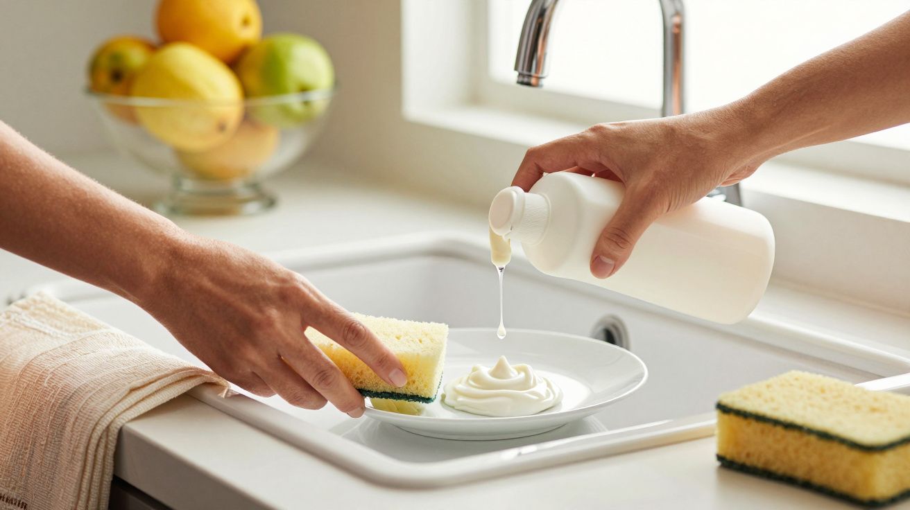 Mãos aplicam detergente num prato com esponja ao lado de uma pia de cozinha, com fruta ao fundo.